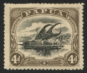 PAPUA: 1910-11 (SG.79a) Wmk Crown over double-lined 'A', Large 'PAPUA' Wmk Upright P.12½ 4d black & sepia variety "Deformed 'd' at left" [pos.18], fine mint, Cat. £225.