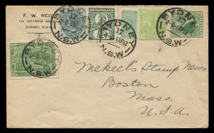 NEW SOUTH WALES: 1892-99 (SG.272) ½d Slate used in conjunction with the ½d stamps from each of the other five States on 1912 (Apr.4) cover with printed address of Sydney stamp dealer F.W. Reid, addressed to Boston, Massachusetts, stamps tied by four strikes of 'SYDNEY/17' datestamp.
