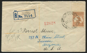 AUSTRALIA: Kangaroos - CofA Watermark: 6d Chestnut DieIIB marginal example tied by REGISTERED/BRISBANE '2JA33' datestamp to cover addressed to Tuscon, Arizona. Brisbane blue/white registration label, BRISBANE, SEATTLE & TUSCON backstamps; BW:23 - Cat. $600 as an on-cover solo franking.