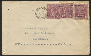 AUSTRALIA: KGV Heads - Single Watermark: 1d Violet x3 tied by BRISBANE '1FEB/1930' Air Mail slogan cancel, paying letter rate to Cleveland, Ohio; BW:76 - scarce and late usage.