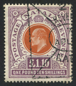 SOUTH AFRICA - Provinces: NATAL: 1904-08 (SG.162) KEVII £1-10/- brown-orange and deep purple, tidy fiscal cancel, Cat. £4750 postally used.