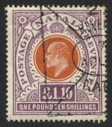 SOUTH AFRICA - Provinces: NATAL: 1904-08 (SG.162) KEVII &pound;1-10/- brown-orange and deep purple, tidy fiscal cancel, Cat. &pound;4750 postally used.