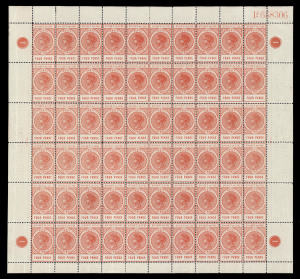 SOUTH AUSTRALIA: 1902-04 Thin 'POSTAGE' 4d red-orange SG 269 complete sheet of 60 (10x6) with sheet margins fully intact, Plate Number '1' at each corner and Sheet Number '1d 658306' at upper right, Watermark Error 'SUOTH' in sheet margin at right (BW: S20a - Cat $750 in 2004), excellent centring, unmounted, Cat. £2400++ for mounted singles. Rare survivor.