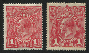 AUSTRALIA: KGV Heads - Single Watermark: 1d Red Smooth (without gum) and Rough Paper Die II examples, latter light gum bend, BW. 71(1)i & 72(1)i - Cat. $1500. (2)