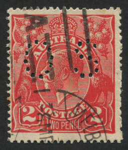 AUSTRALIA: KGV Heads - Single Watermark: 2d Red Perf 'OS' WATERMARK INVERTED, couple faint tones on reverse; BW.96ba - Cat. $300 (see Brusden White footnote.)