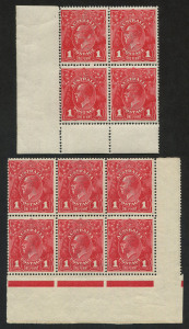 AUSTRALIA: KGV Heads - Single Watermark: 1d Red (Aniline Ink) corner blocks of 4 and 6, the latter block with with varieties "Ferns" & "'RA' joined" [VII/54&60], each block with few perf separations, the former well-centred, both block MUH, BW.71 & 71(4)i