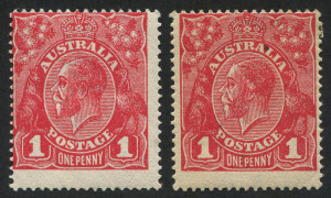 AUSTRALIA: KGV Heads - Single Watermark: Id Red Die III, two INVERTED WATERMARK examples (shades), one with variety "Break in upper frame at right" [38], the non-variety example, with pinhole and few small marks; BW.75a & 75aj - extrapolated Cat. $1250. (