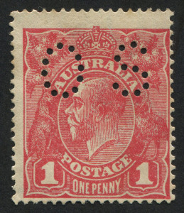 AUSTRALIA: KGV Heads - Single Watermark: 1d Red Rough Paper Perf 'OS' Die II INVERTED WATERMARK, small-part gum; BW. 72bb(a)i- extrapolated Cat. $1300+.