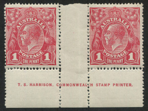 AUSTRALIA: KGV Heads - Single Watermark: 1d Red Plate 3 Harrison one-line imprint pair with variety "White flaw in right frame opposite Emu's Feet" [VI/55], mounted in central gutter (one unit just touched), left hand unit MUH, BW.71(3)zf - Cat $1500 for 