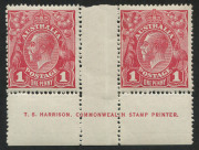 AUSTRALIA: KGV Heads - Single Watermark: 1d Red Plate 3 Harrison one-line imprint pair with variety "White flaw in right frame opposite Emu's Feet" [VI/55], mounted in central gutter (one unit just touched), left hand unit MUH, BW.71(3)zf - Cat $1500 for 