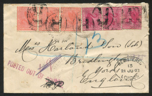 WESTERN AUSTRALIA - Postal History: 1903 (May 21) registered cover to Yorkshire, England with 1d Carmine SG.112 (3) and 1d Carmine-rose SG.117, tied by indistinct datestamp and multiple strikes og 'R'-in-oval handstamp, very fine straight-line 'POSTED OUT OF COURSE' handstamp in purple, REGISTERED PERTH & REGISTERED LONDON oval transits on face, BRIDLINGTON/STATION OFFICE arrival backstamp.