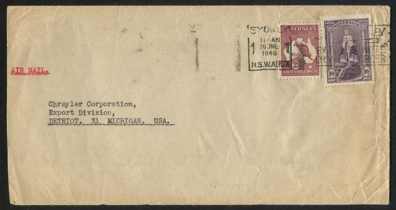 AUSTRALIA: Other Pre-Decimals: 1937-49 (SG.177) 10/- Robes Thick Paper plus CofA Redrawn Die 2/- Deep Maroon Roo tied by SYDNEY '26JNE/1946' to airmail cover (reduced) to USA paying 4/- airmail triple rate; BW: 214 & 41B - Cat $450 on cover.