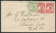 AUSTRALIA: Kangaroos - First Watermark: 1d Red Die I pair plus ½d tied to small cover by WEETULTA (SA) '20OC13' datestamp, addressed to Denver, Colorado.