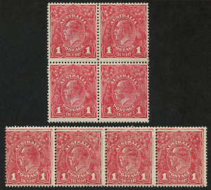 AUSTRALIA: KGV Heads - Single Watermark: 1d Red Rough Paper block of 4, well centred MUH; also strip of 4 with "Prominent compartment lines" fine mint (one unit MUH); BW.72 - Cat. $495+ (2 items)