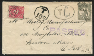 AUSTRALIA: Kangaroos - Third Watermark: 2d Grey Die I tied by WINDSOR/MD27 'JA15/17' duplex cancel to censored cover addressed to Boston, MA, underpaid for 2½d letter rate, with Tax handstamps applied and USA 2c Due added.