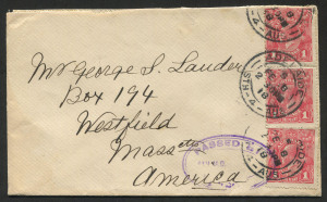 AUSTRALIA: KGV Heads - Single Watermark: 1d Red Smooth Paper (3) tied by 1918 (Feb.18) 'ADELAIDE/STH - 4 - AUS' double-ring datestamp to cover addressed to the USA, overpaying Foreign Countries letter rate by ½d, oval censor handstamp in violet.