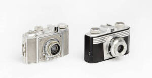 PONTIAC (France): Lynx II, c1948, polished aluminium bodied camera for 127 film. With Flor Berthiot f3.5 50mm lens in Leica-style collapsible mount. In leather ERC. Also, an ILOCA Quick-A, 1953, 35mm viewfinder camera. (2 cameras).
