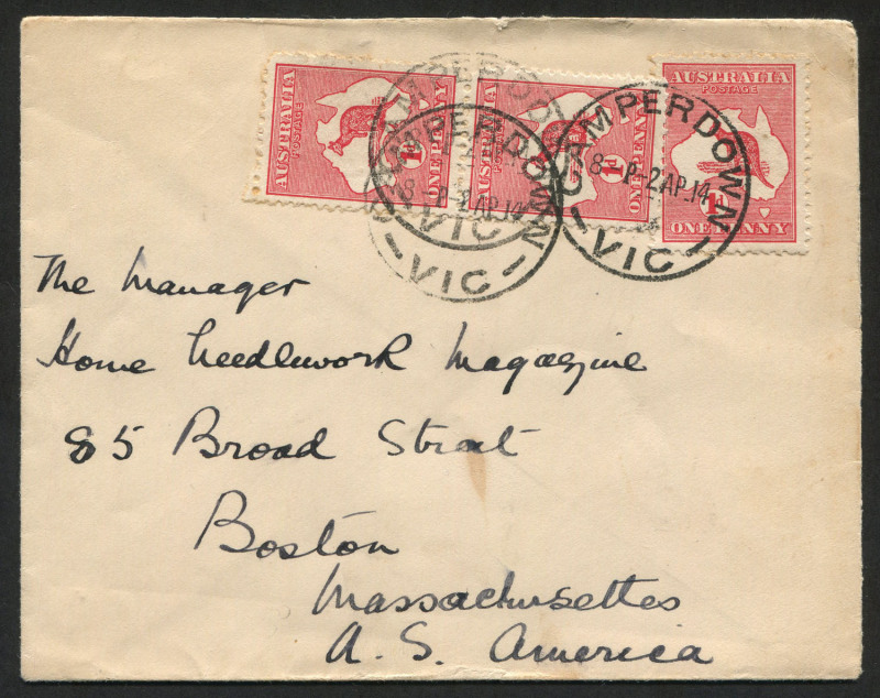 AUSTRALIA: Kangaroos - First Watermark: 1d Red Die II pair and single tied to cover by CAMPERDOWN '2AP14' datestamp, addressed to Boston, MA, overpaying letter rate by ½d.