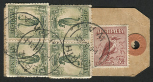 AUSTRALIA: Postal History: PARCEL TAGS/LABELS: 1934 small tag franked on both sides to make up 7/- rate, with 1/- Large Lyrebird pairs (3) and Large Kooka 6d (2), tied by PERTH '13MR34' datestamps. Unusual.