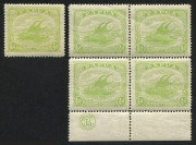 PAPUA: 1911-15 (SG.84w/84a) Monocolours ½d yellow-green variety "Wmk Crown to the right of A" MVLH, also ½d green 'JBC' Monogram marginal block of 4 with three units MUH. (2)