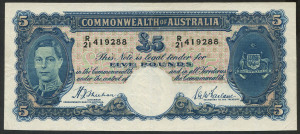 Banknotes - Australia: Pre-Decimal Banknotes: 1939 (R45) Sheehan/McFarlane KGVI £5, general prefix 'R/21 419288', teller flick, flattened folds & creases, tiny pinhole at base of light central fold, otherwise aFine, Cat. $225 (as fine).