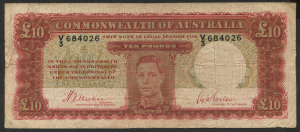 Banknotes - Australia: Pre-Decimal Banknotes: 1940 (R58F) Sheehan/McFarlane KGVI £10, First Prefix 'V/3 684026', flattened folds and extensive creasing, fair/G.