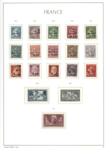 FRANCE: 1849-2007 mint or used collection in six hingeless Lighthouse albums (retail $1000+) with imperfs to 1fr in very mixed condition, 1863 5f used (creasing, filled thin), 1876-1900 Peace & Commerce to 5r, 1917 Orphans 35c+25c used, 1922 Surcharged Orphans set incl. 5fr + 1fr mint, 1927 5fr + 1fr mint, pre-stamp 'POSTES/PARIS' 1921 5c green mint and 1922 5c orange unused, 1927 2f & 5fr Air overprints mint, 1927-31 Sinking Fund overprint sets complete mint or used, late 1920s-40s era