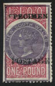 NEW SOUTH WALES: 1885-86 (SG.239as) Wmk Crown NSW 10/-, with 'POSTAGE' in black (weak 'S' partially printed), Type 7 'SPECIMEN' overprint in black, the lilac printing (vignette and outer framelines) "Printed out-of-register with duty plate" resulting in v