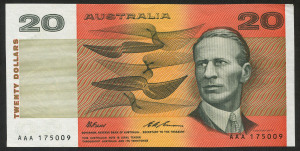 Banknotes - Australia: Decimal Banknotes: 1993 $20 Fraser/Evans NPA Issue Triple 'A' prefix note 'AAA175009', aUnc