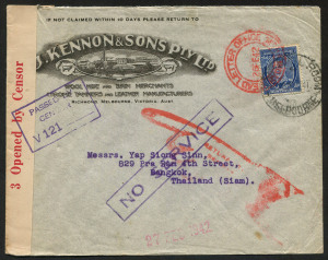 AUSTRALIA: Postal History: 1941 (Dec.22) J.Kennon & Sons (Melbourne) censored advertising cover to Bangkok with KGVI 3d Blue tied by MELBOURNE SHIP MAIL ROOM '22DEC41' datestamp, Melbourne censor tape and 'PASSED BY/CENSOR/V121' boxed handstamp, 'NO SERVICE' boxed handstamp in violet, 'RETURN TO SENDER big finger in vermilion, DEAD LETTER SERVICE/26FE42/SYDNEY NSW' datestamp also ties stamp. Japan invaded Thailand on the 8th December 1941 hence the the cessation of service.