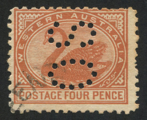 WESTERN AUSTRALIA: 1905-12 (SG.154a) Wmk Crown/Double-Lined A 4d pale chestnut perf 'OS', perf.11, few nibbed perfs & mild tonespots, BW:W37b - $400.