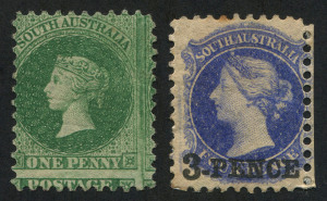 SOUTH AUSTRALIA: 1870-71 (SG.90 & 93) 1d bright green P.10 unused/without gum, and 3d on 4d ultramarine SG.93 (tonespot), misperforated, part-gum; Cat £650. (2)