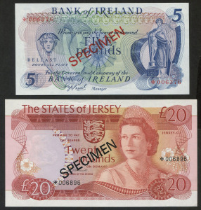 BANKNOTES - World: JERSEY: 1978 £20 'SPECIMEN' banknote, numbered '006896', also IRELAND 1978 £5 'SPECIMEN' banknote numbered '006376', Unc. (2)