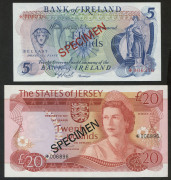 BANKNOTES - World: JERSEY: 1978 &pound;20 'SPECIMEN' banknote, numbered '006896', also IRELAND 1978 &pound;5 'SPECIMEN' banknote numbered '006376', Unc. (2)
