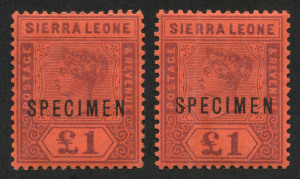 SIERRA LEONE: 1896-97 (SG.53s) Queen Victoria £1 purple on red overprinted SPECIMEN, top value (2); one with vertical gum bend, the other with heavy hinge remainder.