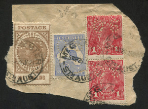 AUSTRALIA: KGV Heads - Single Watermark: 1d Red Rough Paper Perf 'OS' Die II vertical pair, plus 3rd Wmk 6d Roo Die II perf 'OS' (torn) & South Australia 1/- Long Tom perf 'SA', tied to small piece by MT GAMBIER '26JA21' datestamps; the 1d Red Die II perf 'OS' pair alone, BW. 72(1)ib, Cat. $1000 "on cover".