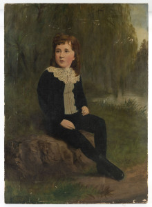 THOMAS STANTON BOWMAN (Britain, Australia 1845-1909), Untitled (Boy on a rock with ferns and weeping willow in the background), oil on canvas, signed and dated "T.S. Bowman, 1889, Artist" lower left, 84 x 60cm.