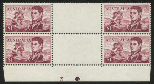 AUSTRALIA: Decimal Issues: 1966-73 (SG.401c) $1 Flinders Perf.14.8x14.1, Plate 3 (bottom centre) block of 4, fresh MUH; BW:464za - Cat. $500.