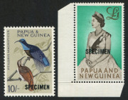 PAPUA NEW GUINEA: 1964-65 Birds (SG.71s) 10/- Riflebird optd 'SPECIMEN', MVLH, Cat.&pound;85; also 1963 &pound;1 Queen (SG.45s) optd 'SPECIMEN' marginal example (small surface mark), MLH. (2)