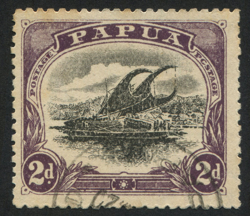 PAPUA: 1910-11 (SG.77a) Wmk Crown over double-lined 'A', Large 'PAPUA' Wmk Upright P.12½ 2d black & dull purple variety "'C' for 'O' in 'POSTAGE' [R4/3], fine used, Cat. £140.