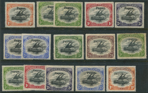PAPUA: 1906 (between SG.19 and 44) Large & Small 'Papua' selection with Large Overprint to 1/- (SG.19) including Wmk Vertical 2d & 2½d (2); Small Overprint to 2/6d (SG.37), including Wmk Vertical (oxidised) 1/-; odd gum crease & tone, generally fine condition, Cat. £300.