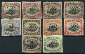 PAPUA: OFFICIALS: 1908-10 perf 'OS' used selection with Small 'Papua' 2/6d (SG.O1), Small 'PAPUA' values to Wmk Upright 1/- P.12½ (SG.O13) including Wmk Upright and Wmk Sideways 1d P.11 SG.O4 and SG.O15, Wmk Upright 2d P.12½ (SG.O10, wrinkles); odd blemish, generally fine, Cat. £250 approx. (10)