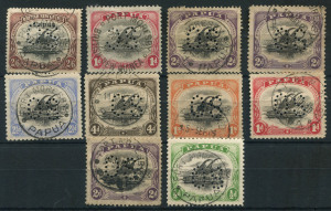 PAPUA: OFFICIALS: 1908-10 perf 'OS' used selection with Small 'Papua' 2/6d (SG.O1), Small 'PAPUA' values to Wmk Upright 1/- P.12½ (SG.O13) including Wmk Upright and Wmk Sideways 1d P.11 SG.O4 and SG.O15, Wmk Upright 2d P.12½ (SG.O10, wrinkles); odd blemis