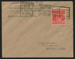 AUSTRALIA: Aerophilately & Flight Covers: Oct.-Nov.1933 (AAMC.335) Sydney - Melbourne - Sydney flown cover, carried by Lord Apsley and his party in a Spartan Cruiser, "Faithful City", piloted and signed and endorsed (verso) by P.W.Lynch-Blosse, following their flight from England. Cat.$375+.