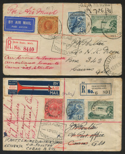 AUSTRALIA: Aerophilately & Flight Covers: 31 March 1930 (re. AAMC.155-6 & 201) A pair of registered covers, one from Melbourne and the other from Townsville; both addressed to Cairns and both franked at 7½d, with airmail vignettes and endorsements. Both covers with boxed "UNCLAIMED-13FE31-TOWNSVILLE" handstamps and further endorsed in red "Air Service to Townsville discontinued. Service to Cairns not started." Numerous backstamps. (2 items).Queensland Air Navigation Co., was short-lived. In May
