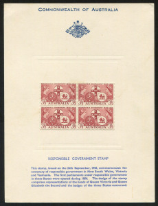 AUSTRALIA: Other Pre-Decimals: 1956 (SG.289) QEII 3½d Responsible Government Centenary block of 4 on Publicity Card; BW:331x - Cat. $200.