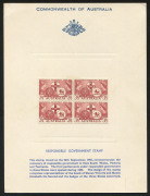 AUSTRALIA: Other Pre-Decimals: 1956 (SG.289) QEII 3&frac12;d Responsible Government Centenary block of 4 on Publicity Card; BW:331x - Cat. $200.