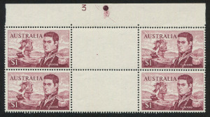 AUSTRALIA: Decimal Issues: 1966-73 (SG.401c) $1 Flinders Perf.14.8x14.1, Plate 3 (top centre) block of 4, fresh MUH; BW:464z - Cat. $500.