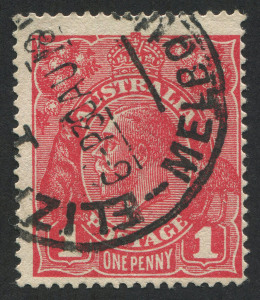 AUSTRALIA: KGV Heads - Single Watermark: 1d Carmine-Red Die III WATERMARK INVERTED and variety "Break in upper in frame at left", fine used with MELBOURNE '30AU18' datestamp; BW: 75Aa Cat. $250, variety BW: 75Ah - Cat $200. Rare combination of varieties and very early use.