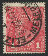 AUSTRALIA: KGV Heads - Single Watermark: 1d Carmine-Red Die III WATERMARK INVERTED and variety "Break in upper in frame at left", fine used with MELBOURNE '30AU18' datestamp; BW: 75Aa Cat. $250, variety BW: 75Ah - Cat $200. Rare combination of varieties a